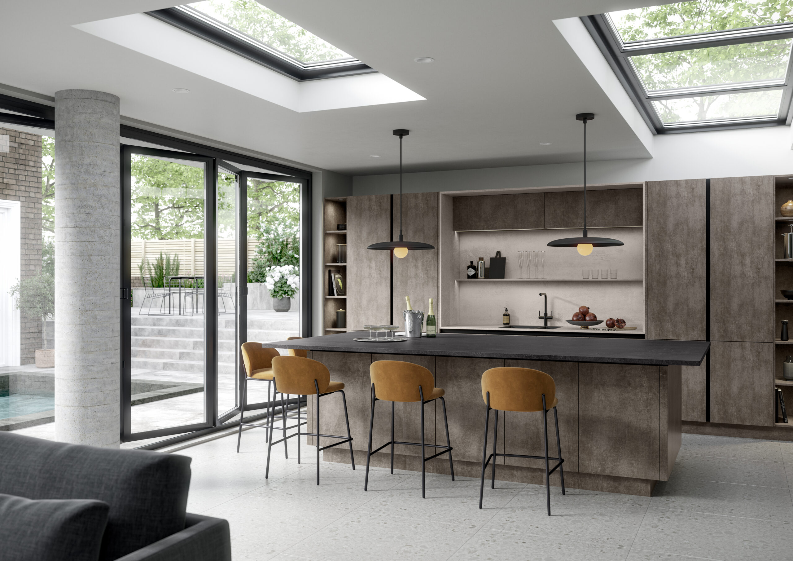 Handleless Slab shown in Textured Anthracite & Textured Blanco - Main Shot